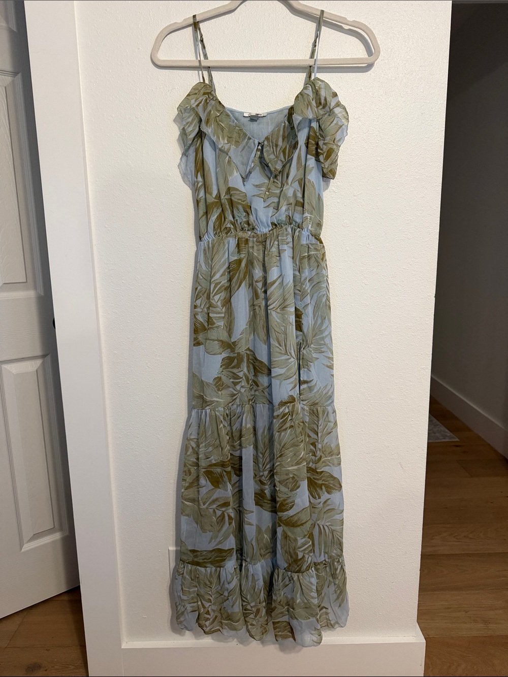 Amuse Society Light Blue Maxi Dress with Olive Leaf Print